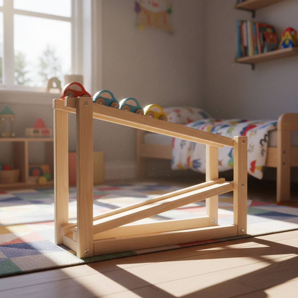 Finished wooden toy car ramp in a sunny bedroom