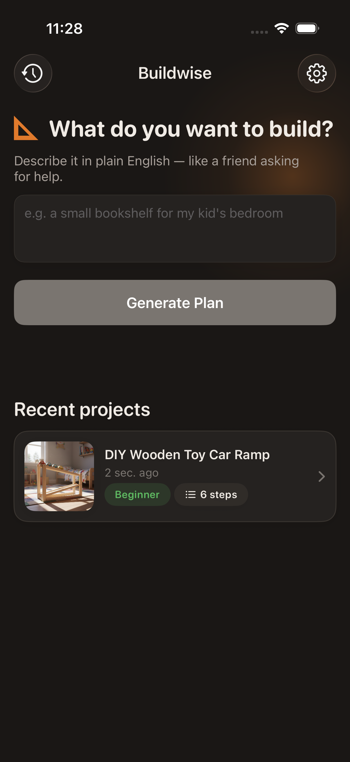 Home screen with recent project