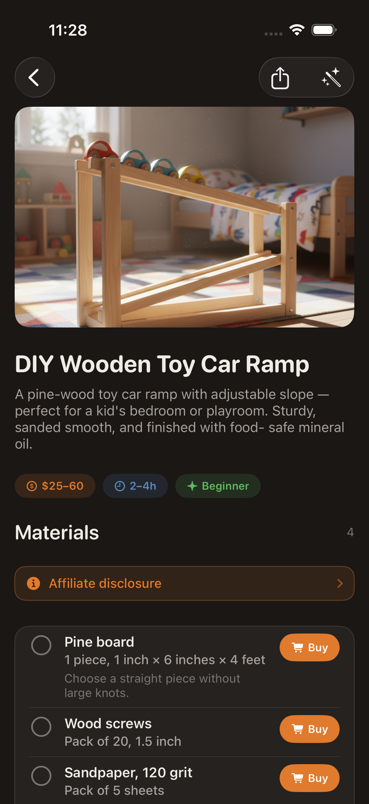 Project detail with materials, tools, steps
